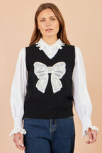 Yumi Black Lace Bow Knitted Pullover