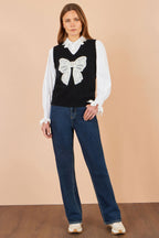 Yumi Black Lace Bow Knitted Pullover