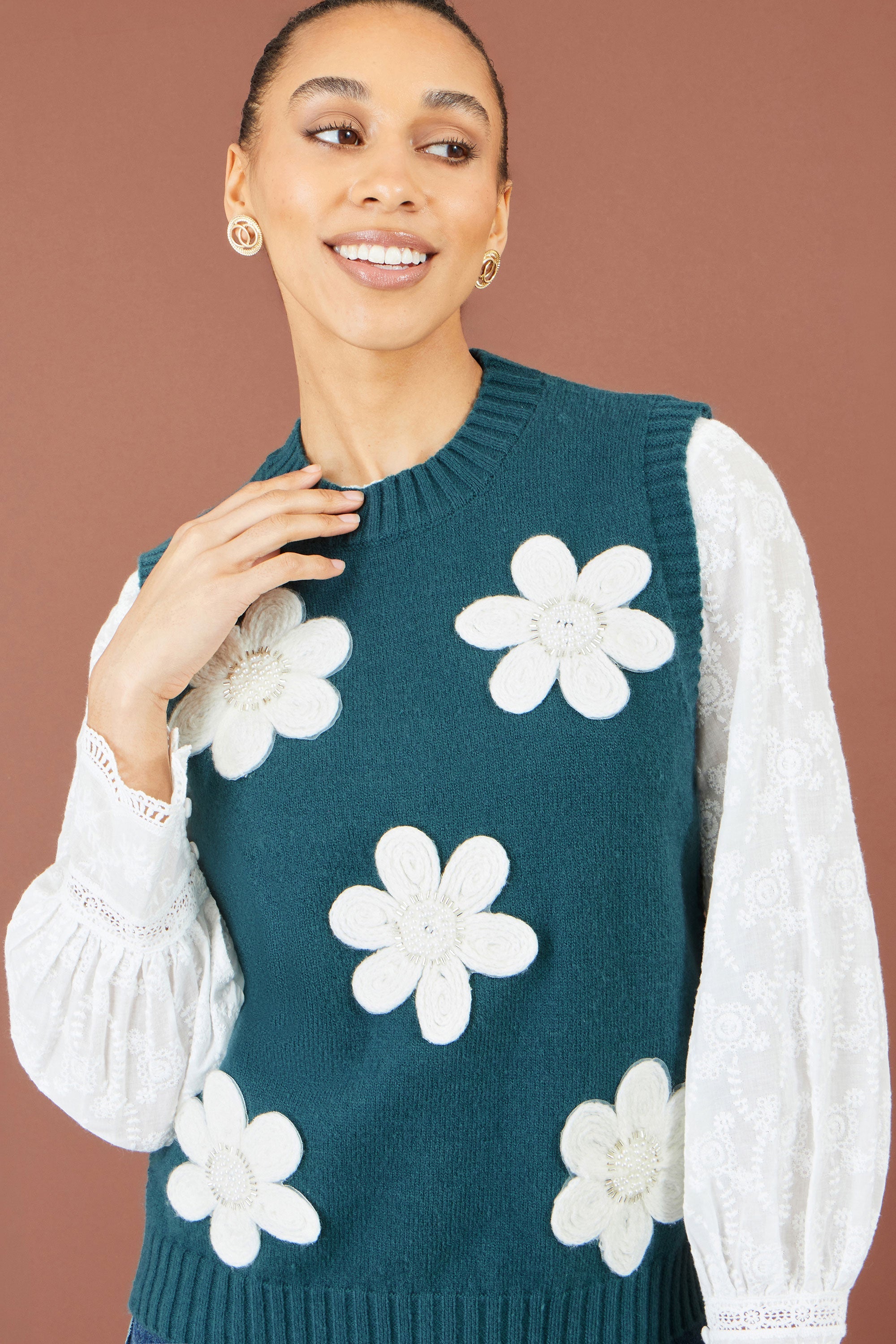 Yumi Teal Flower Appliqué Knit Tank