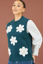 Yumi Teal Flower Appliqué Knit Tank