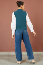 Yumi Teal Flower Appliqué Knit Tank