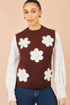 Yumi Brown Flower Applique Knit Tank