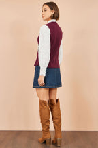 Yumi Burgundy Flower Applique Knit Waistcoat