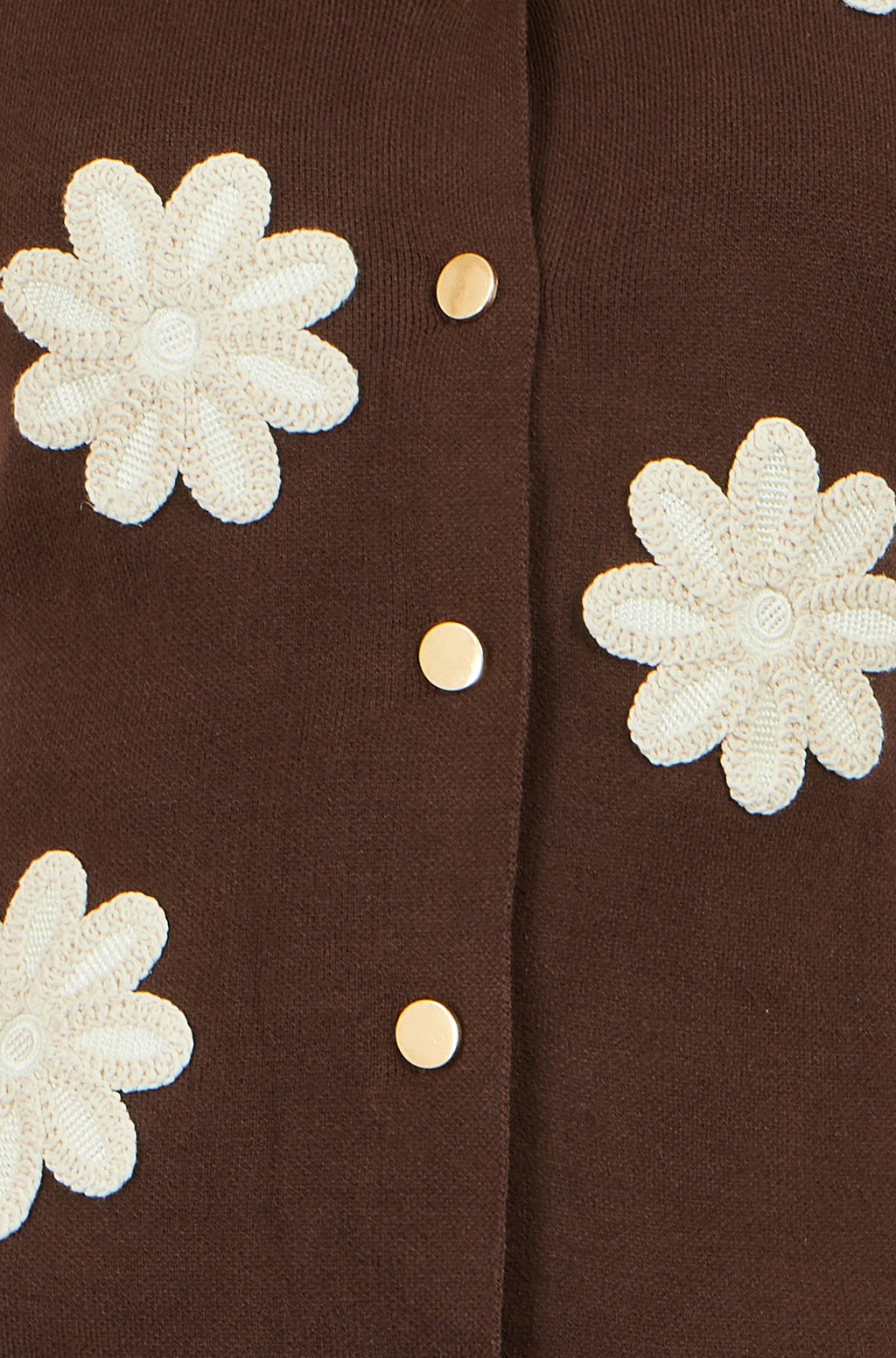 Yumi Brown Flower Applique Knit Waistcoat
