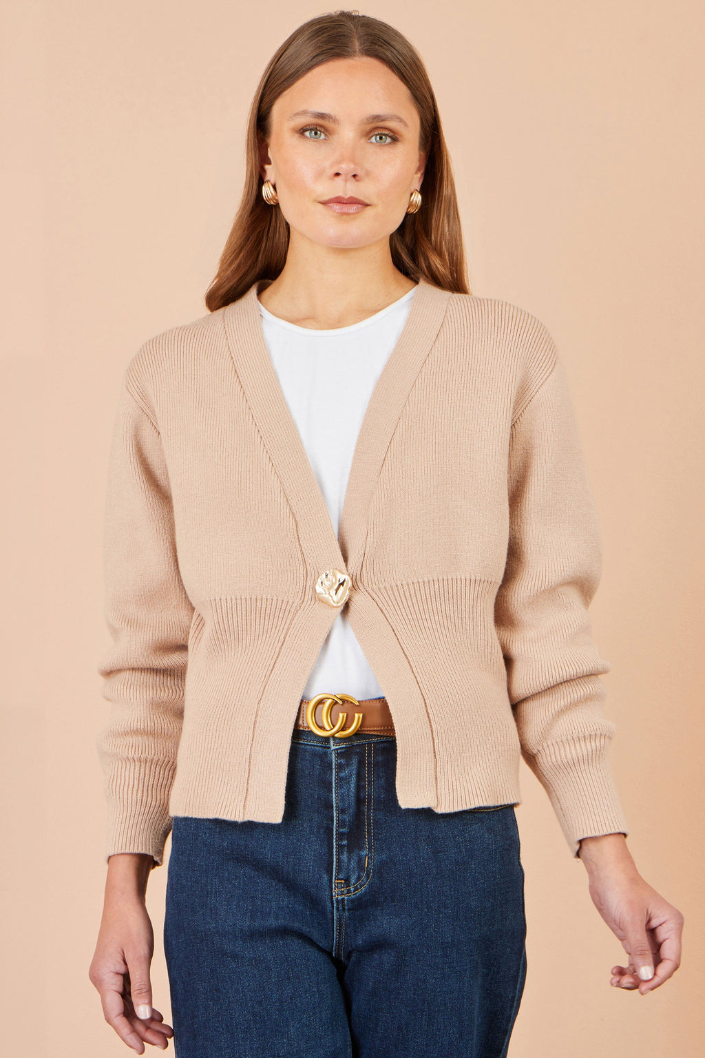 Yumi Beige Knitted Button Cardigan