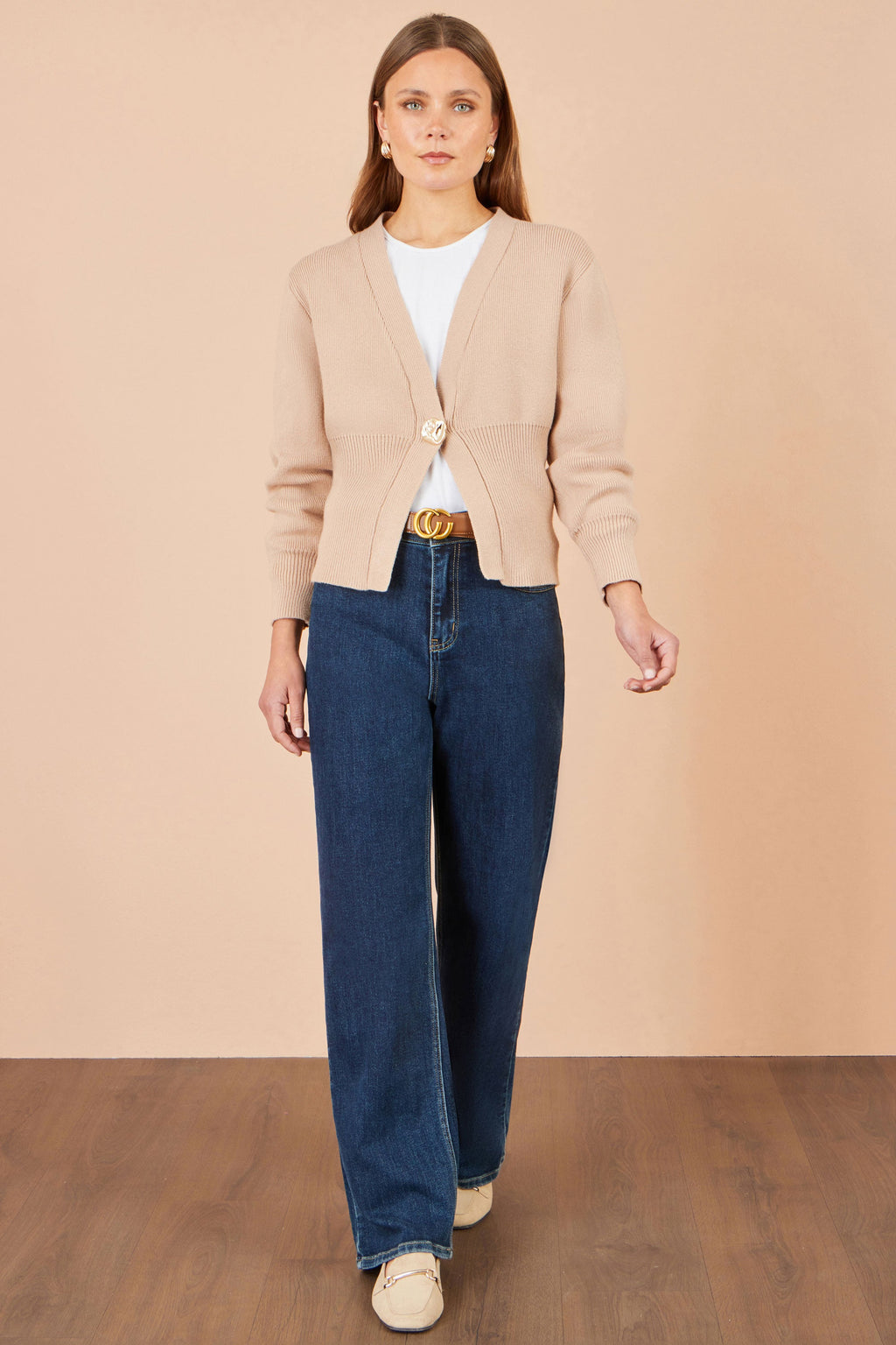Yumi Beige Knitted Button Cardigan