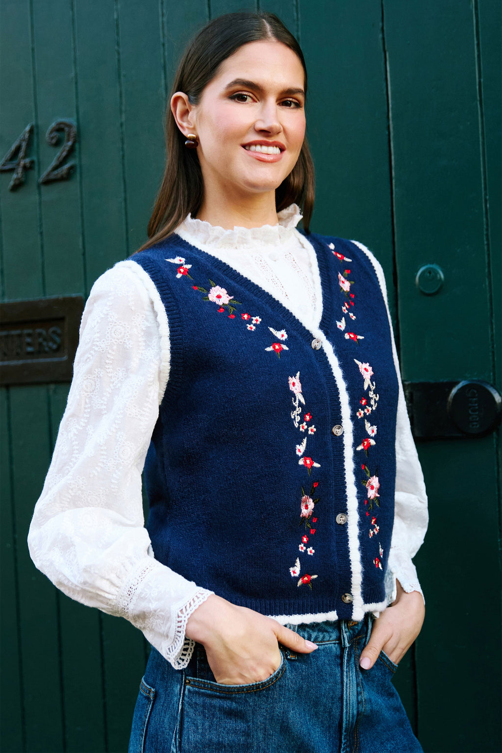 Yumi Navy Embroidered Knitted Waistcoat