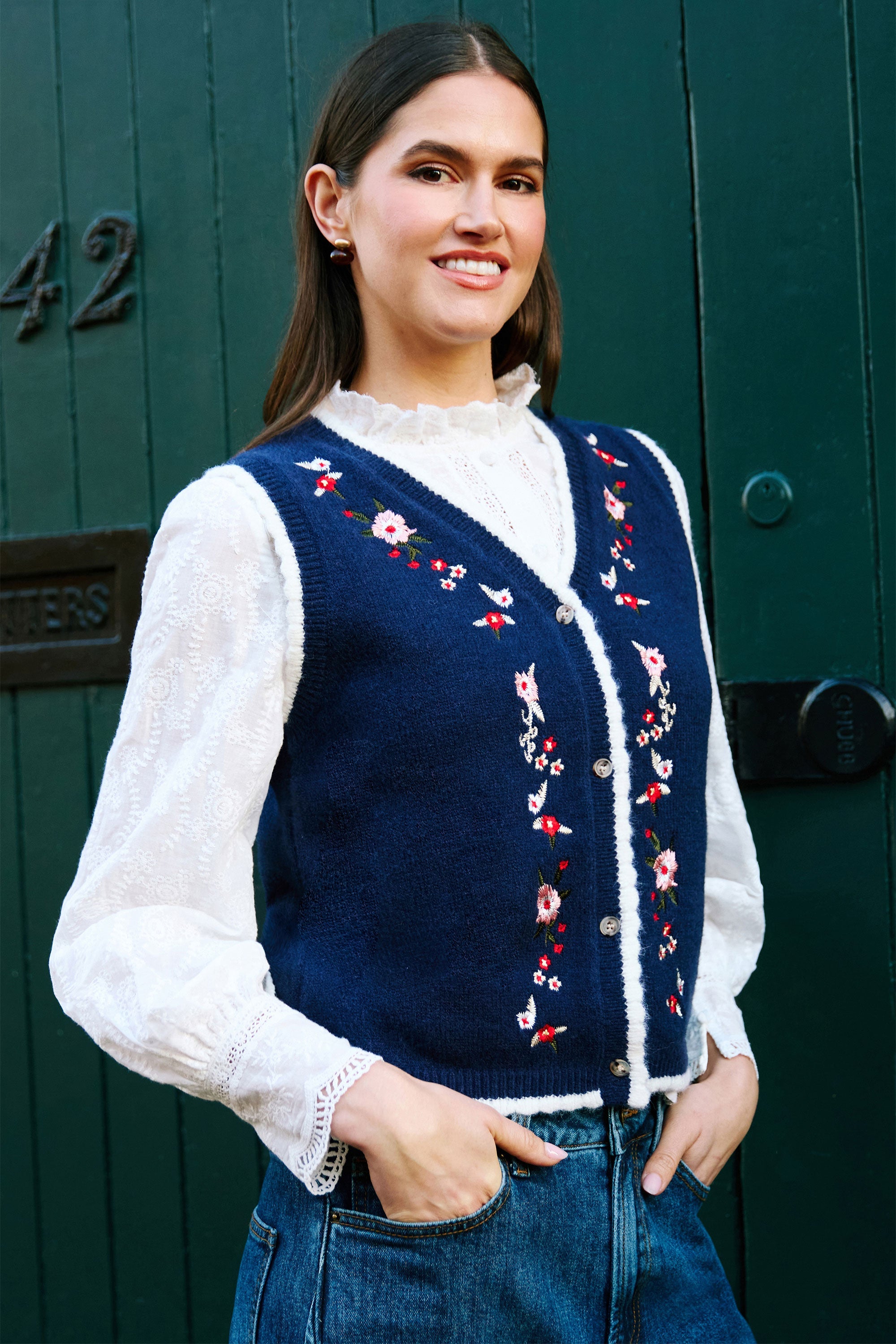 Yumi Navy Embroidered Knitted Waistcoat