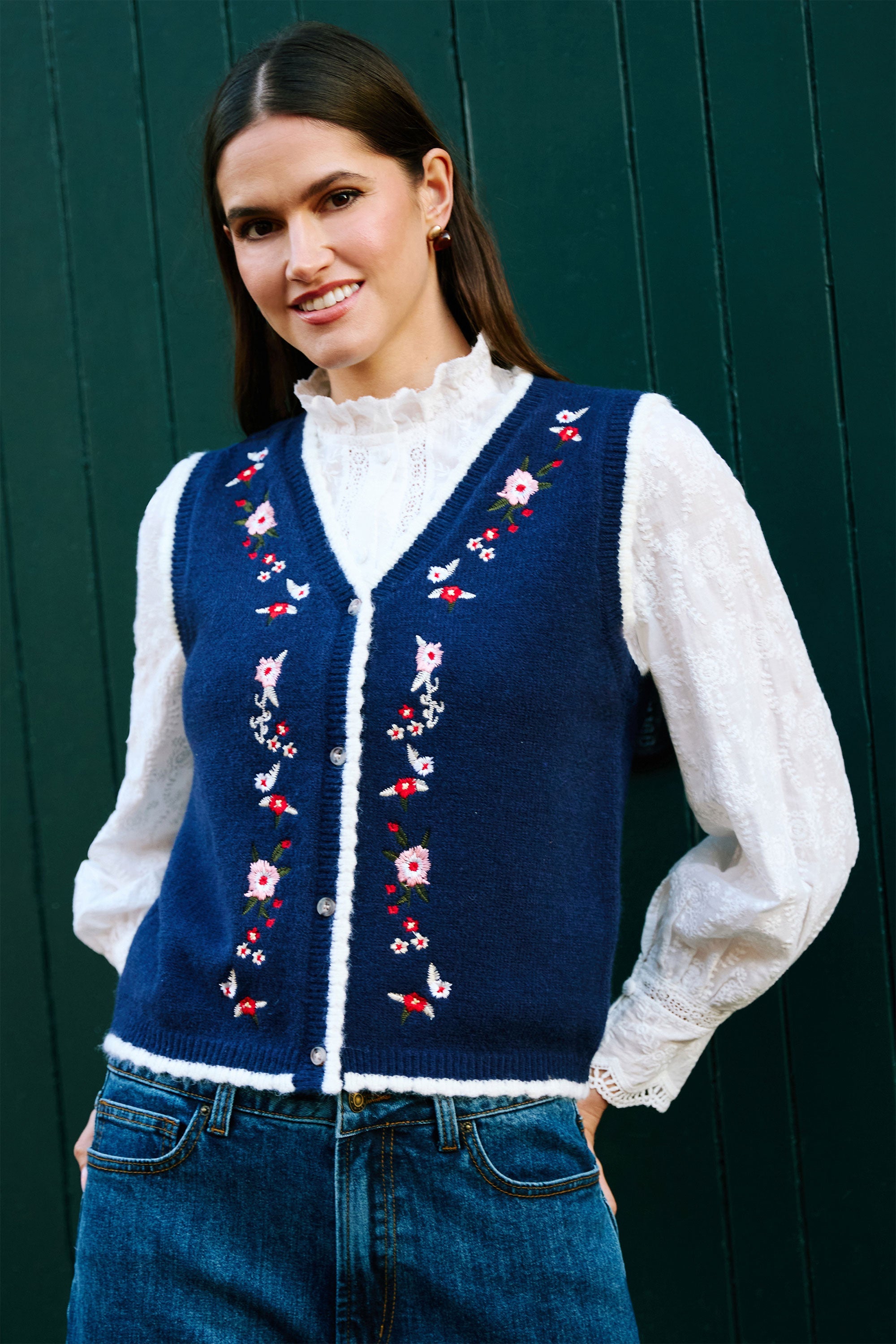 Yumi Navy Embroidered Knitted Waistcoat
