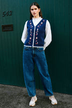 Yumi Navy Embroidered Knitted Waistcoat