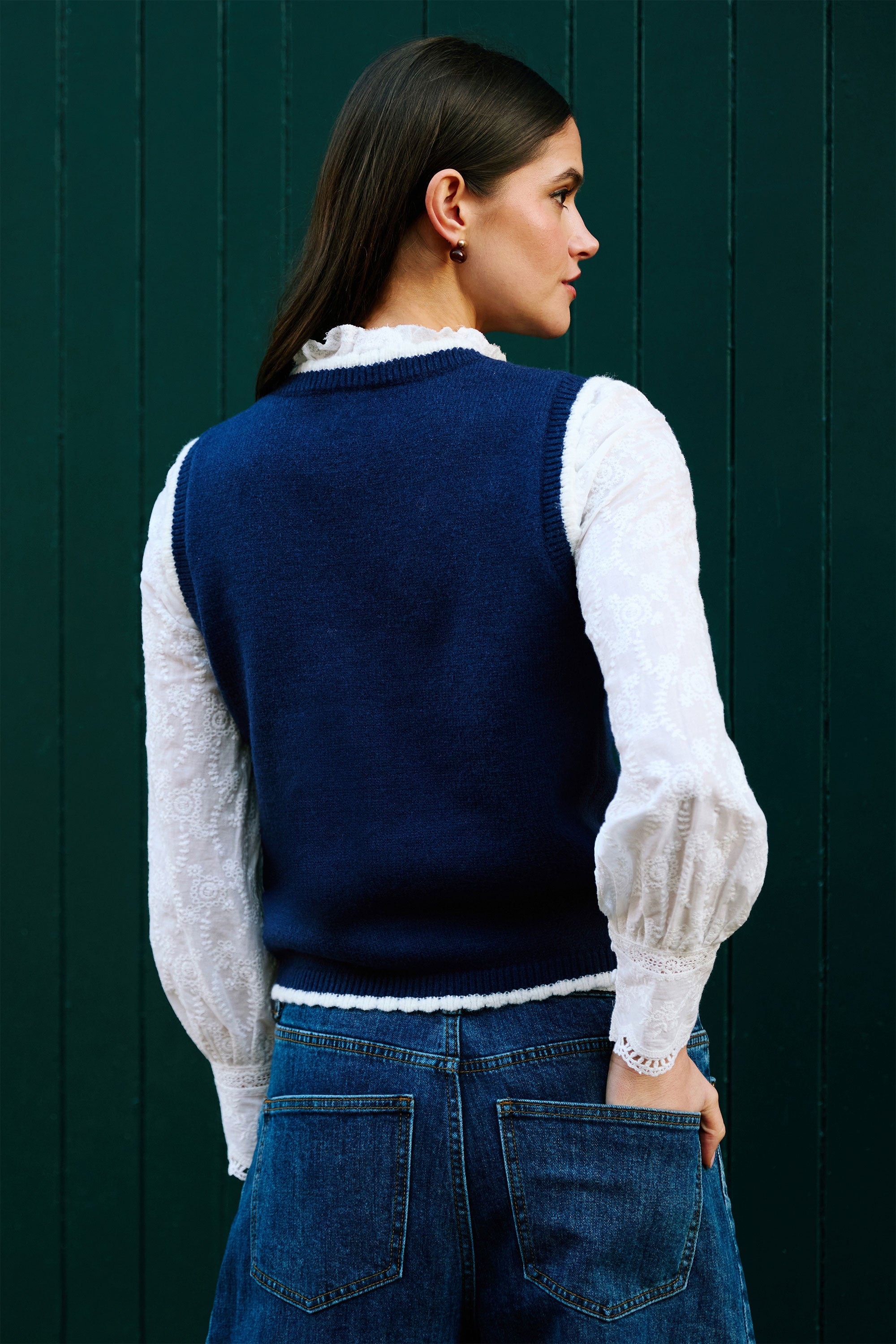 Yumi Navy Embroidered Knitted Waistcoat