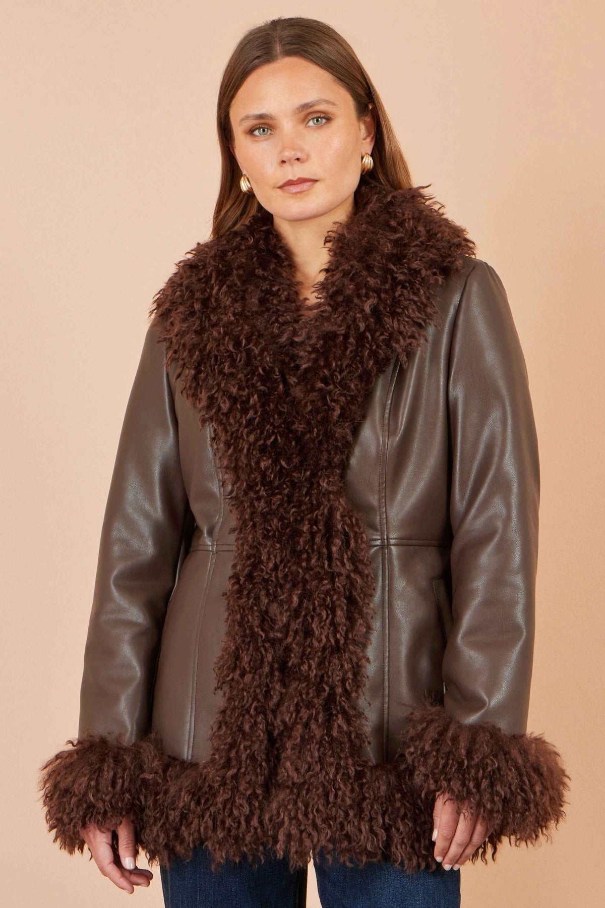 Yumi Brown Faux Leather Coat With Faux Fur Trims