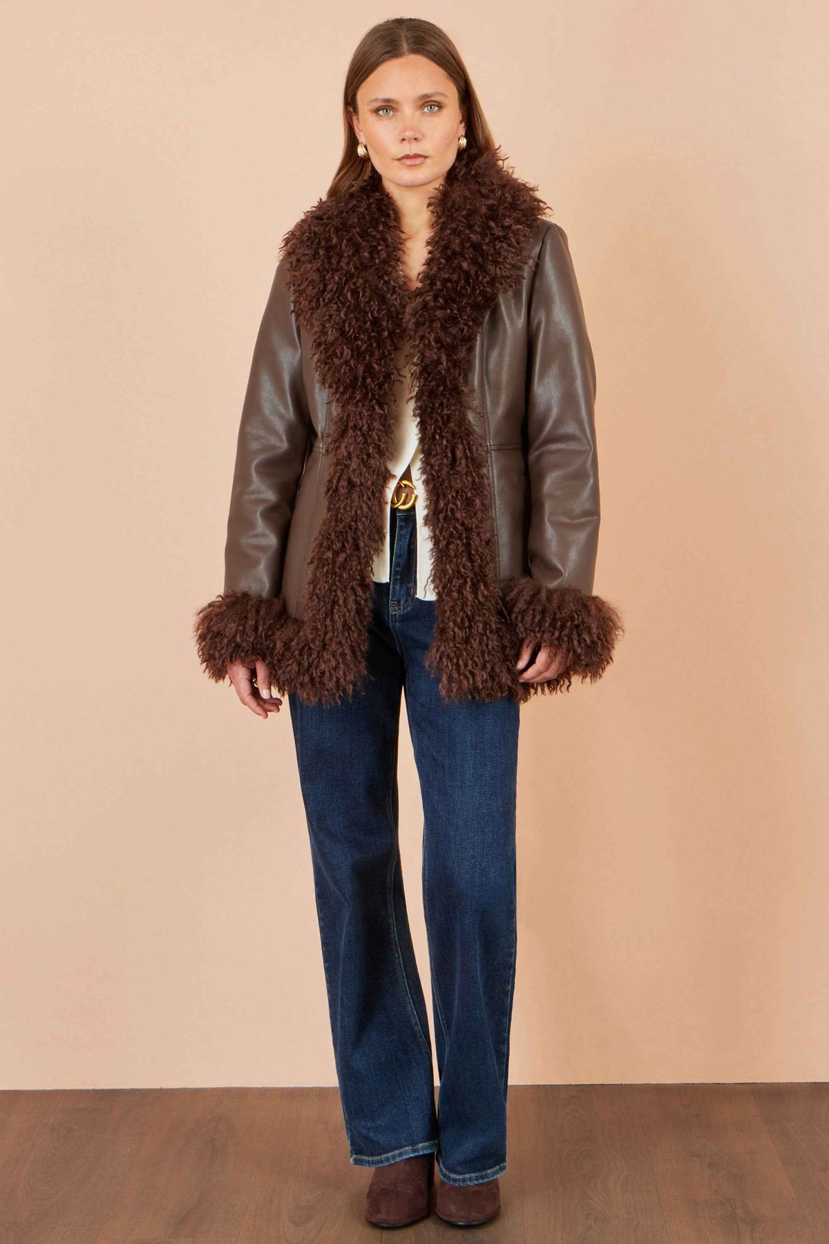 Yumi Brown Faux Leather Coat With Faux Fur Trims