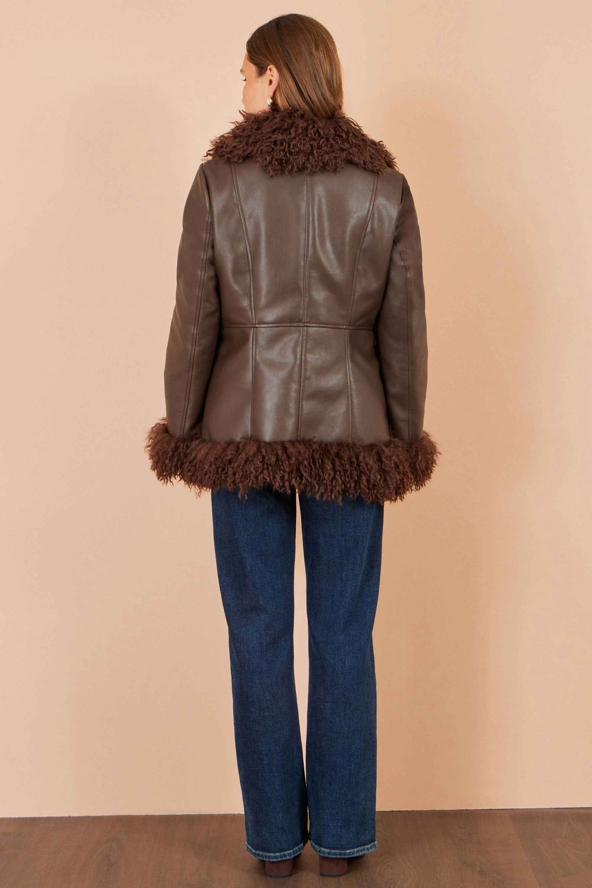 Yumi Brown Faux Leather Coat With Faux Fur Trims