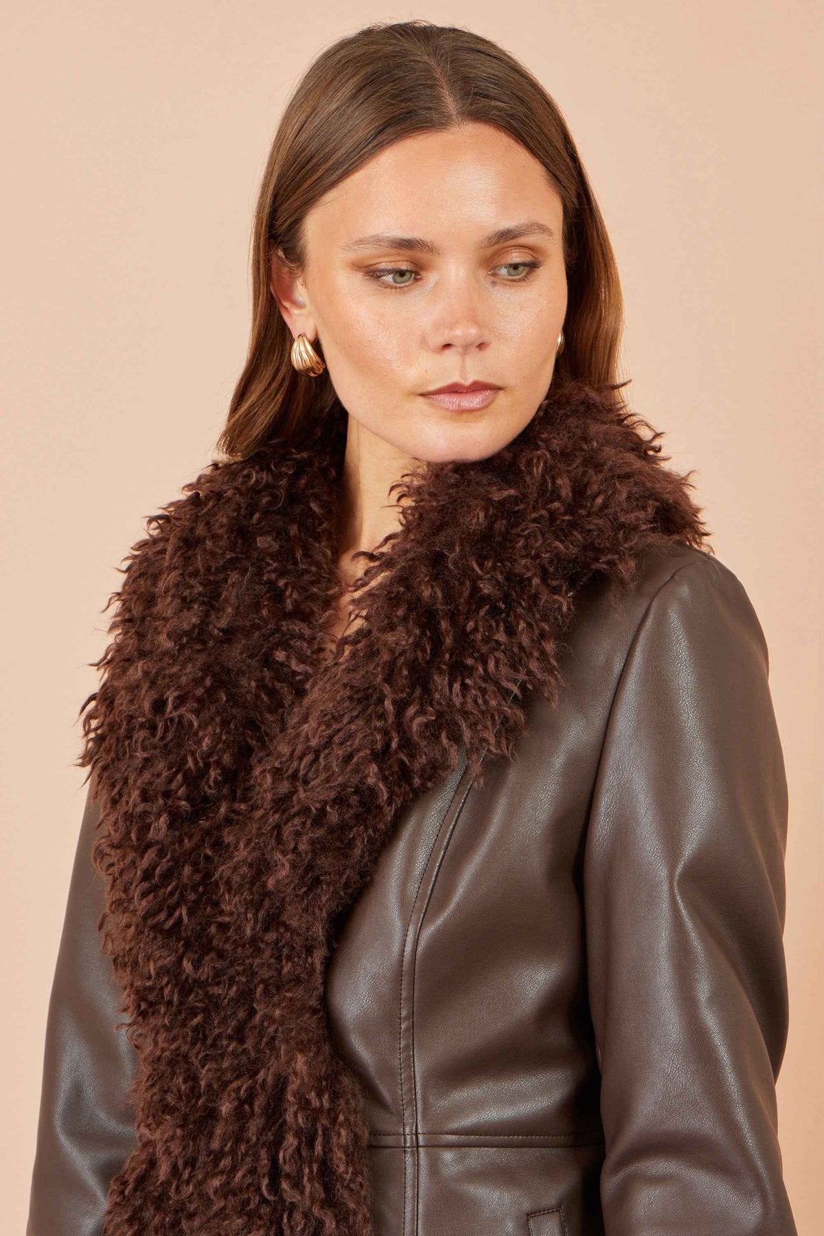 Yumi Brown Faux Leather Coat With Faux Fur Trims