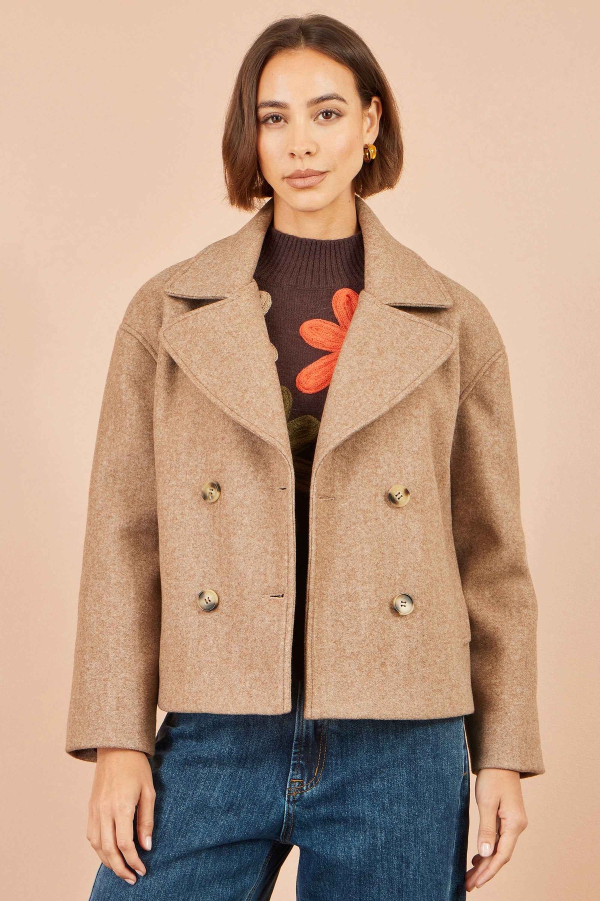 Yumi Beige Boxy Cropped Jacket