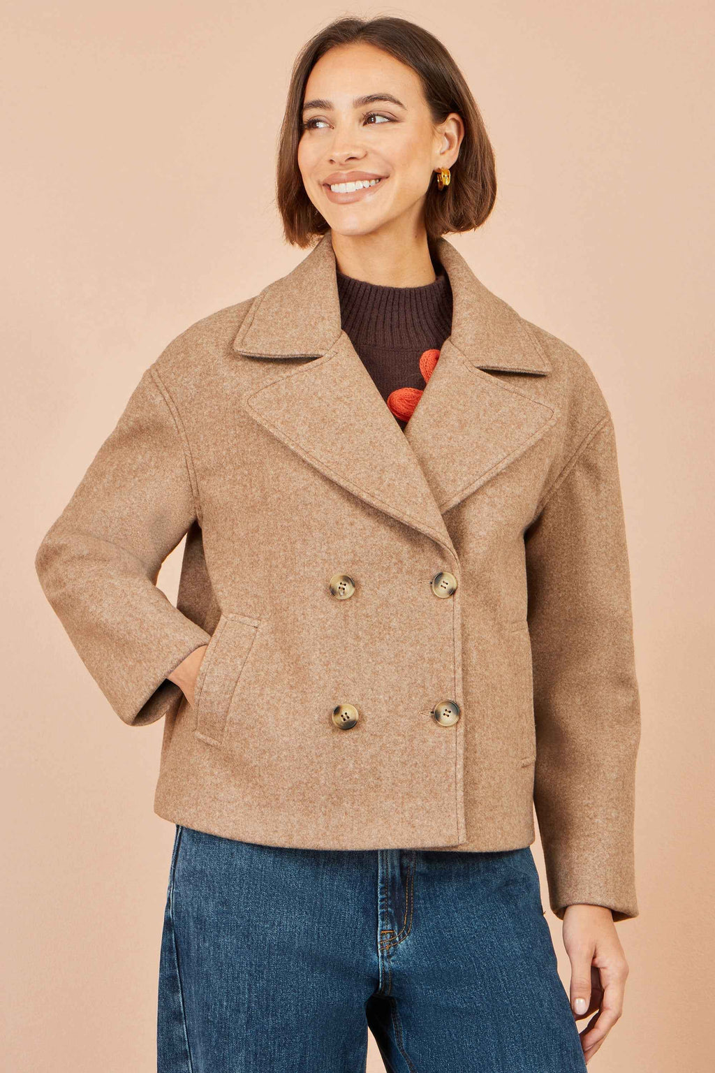 Yumi Beige Boxy Cropped Jacket