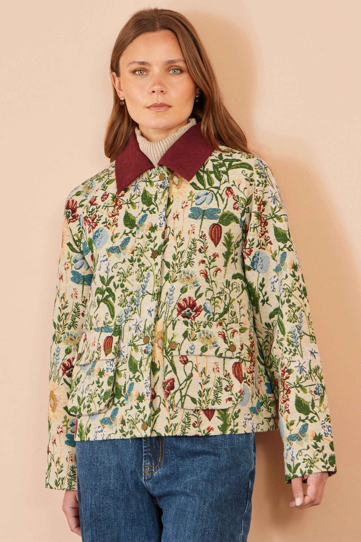 Yumi Ivory Botanical Woven Bomber Jacket