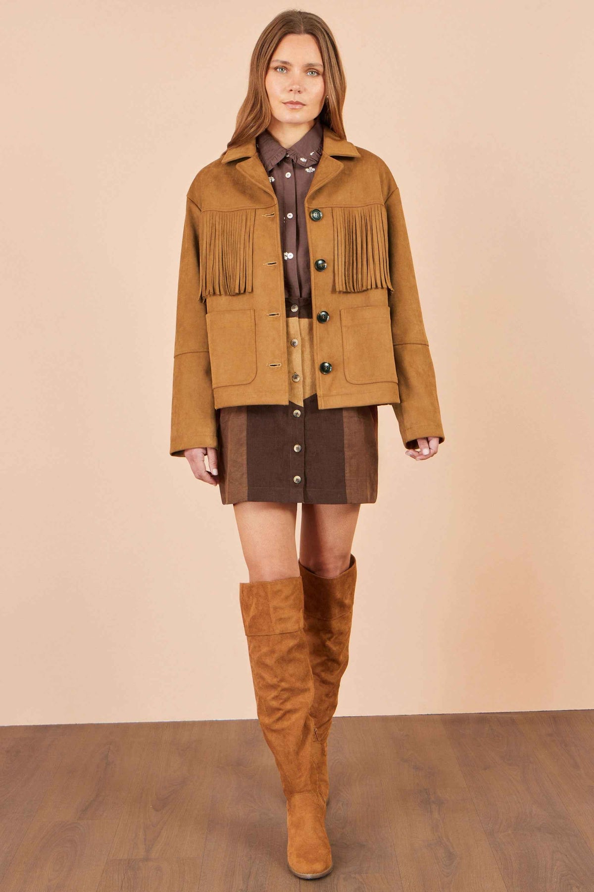 Yumi Brown Faux Suede Tassel Jacket