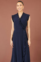 Yumi Navy Polka Dot Midi Wrap Frill Dress