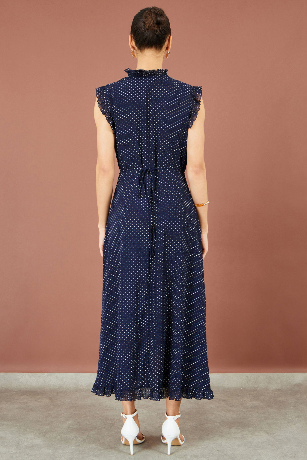 Yumi Navy Polka Dot Midi Wrap Frill Dress