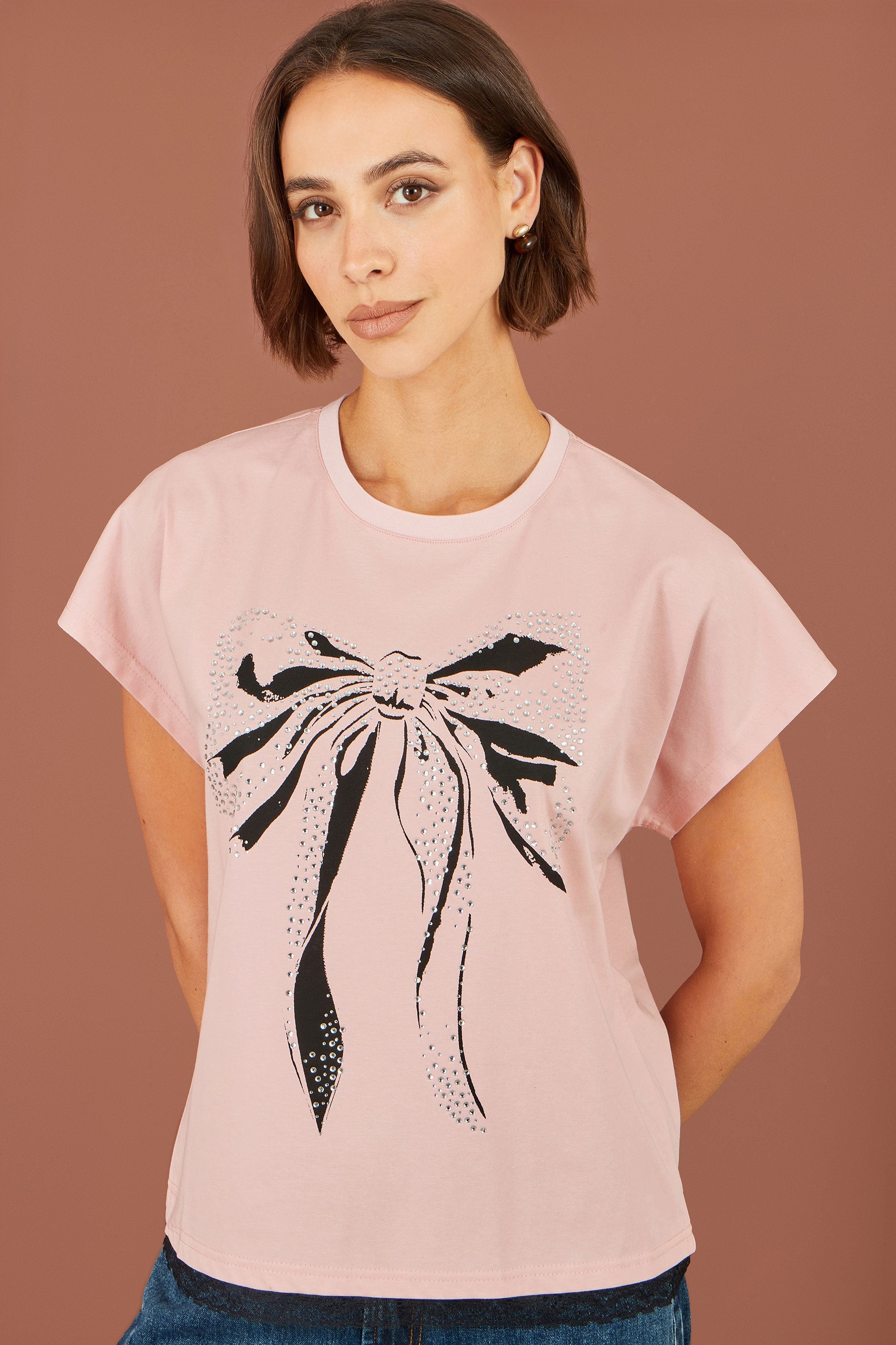 Yumi Pink Bow T-Shirt With Lace