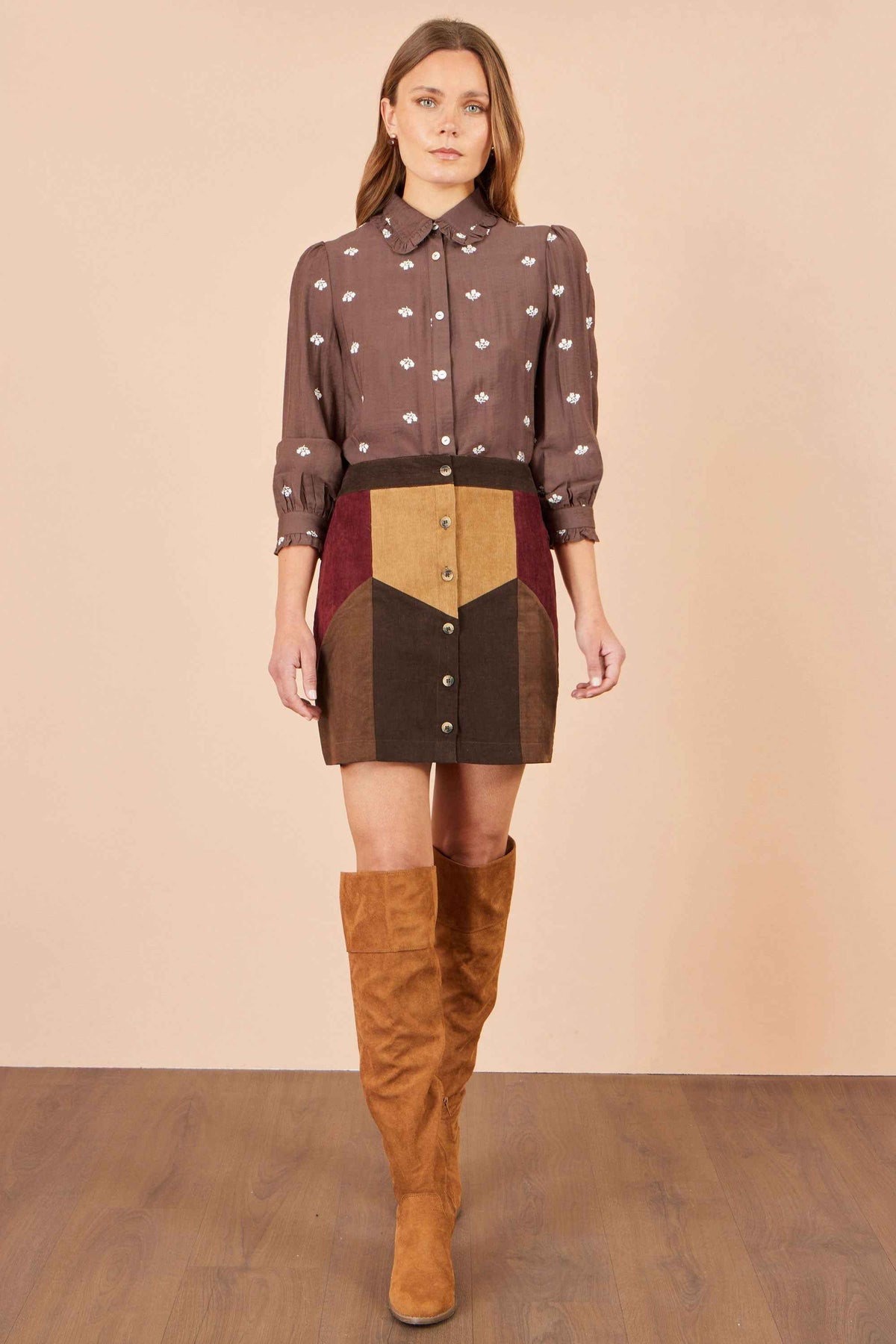 Yumi Multicolour Patchwork Cord Mini Skirt