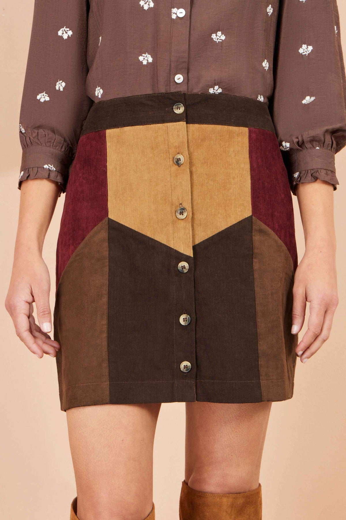Yumi Multicolour Patchwork Cord Mini Skirt