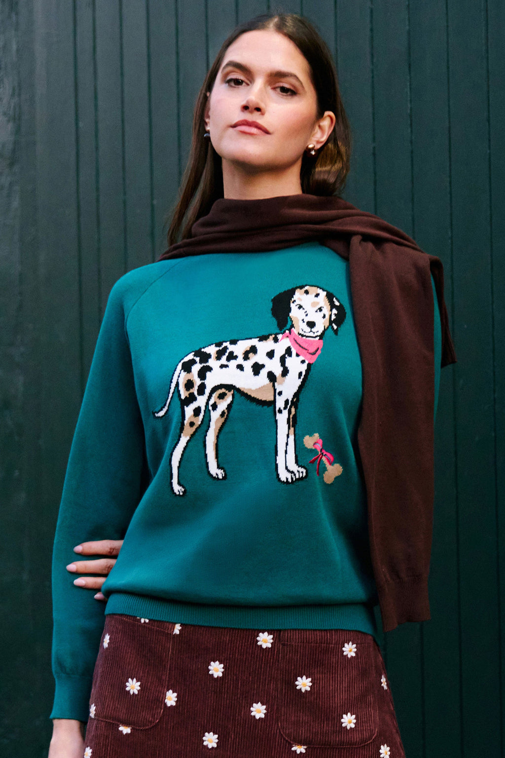 Yumi Teal Dalmatian Intarsia Relaxed Jumper
