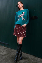 Yumi Teal Dalmatian Intarsia Relaxed Jumper