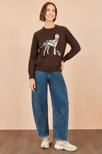 Yumi Brown Dalmatian Intarsia Relaxed Jumper