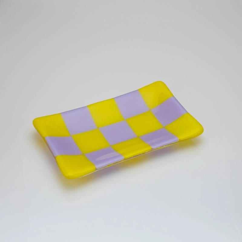 Glass Tray – Handmade Chequered Design for Keys & Jewellery by David Perry Glass & Ceramics (15x8cm-chequered-dual-coloured-medium-tray-bullseye-collection)