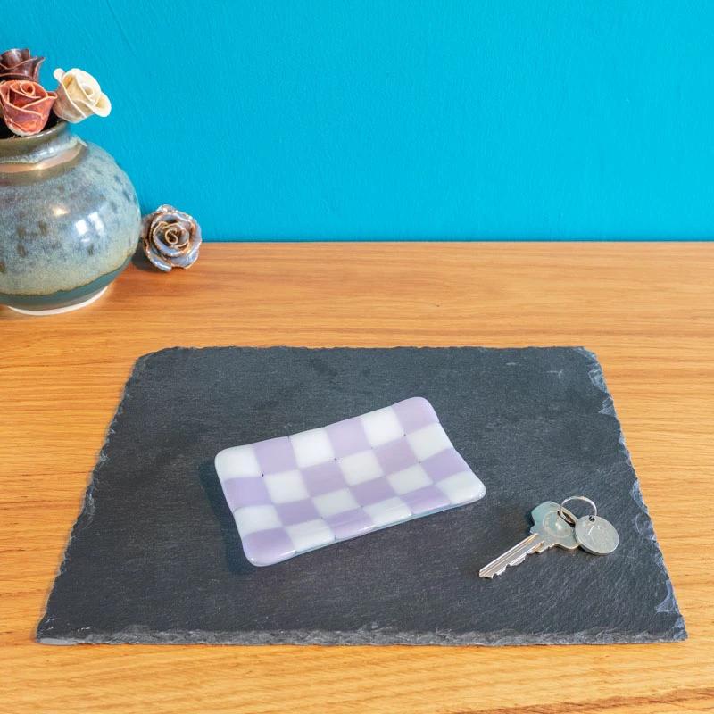 Handmade Glass Tray - Chequered Fused Glass Small Dish 12x7cm by David Perry Glass & Ceramics (12x7cm-chequered-white-colour-small-tray-bullseye-collection)