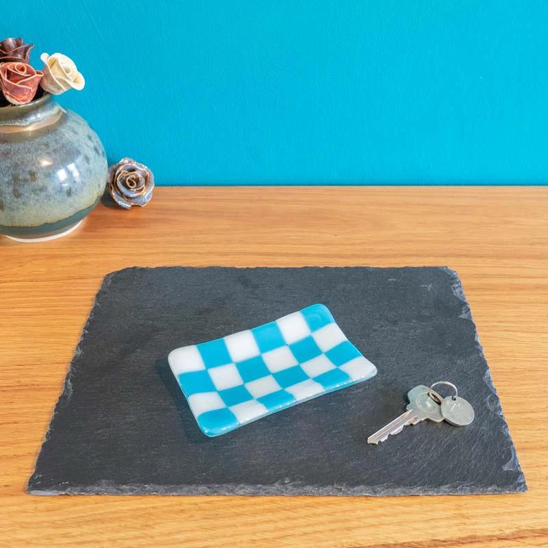 Handmade Glass Tray - Chequered Fused Glass Small Dish 12x7cm by David Perry Glass & Ceramics (12x7cm-chequered-white-colour-small-tray-bullseye-collection)