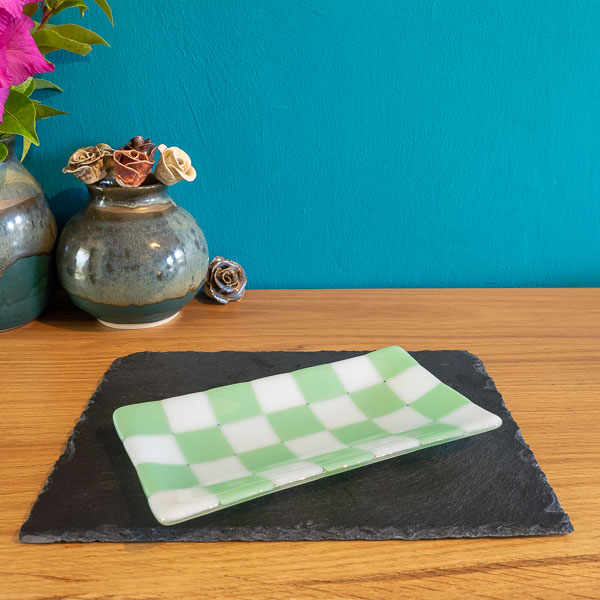 Handmade Glass Tray – Chequered Fused Design by Cornish Artisan by David Perry Glass & Ceramics (21x12cm-chequered-white-colour-large-tray-bullseye-collection)