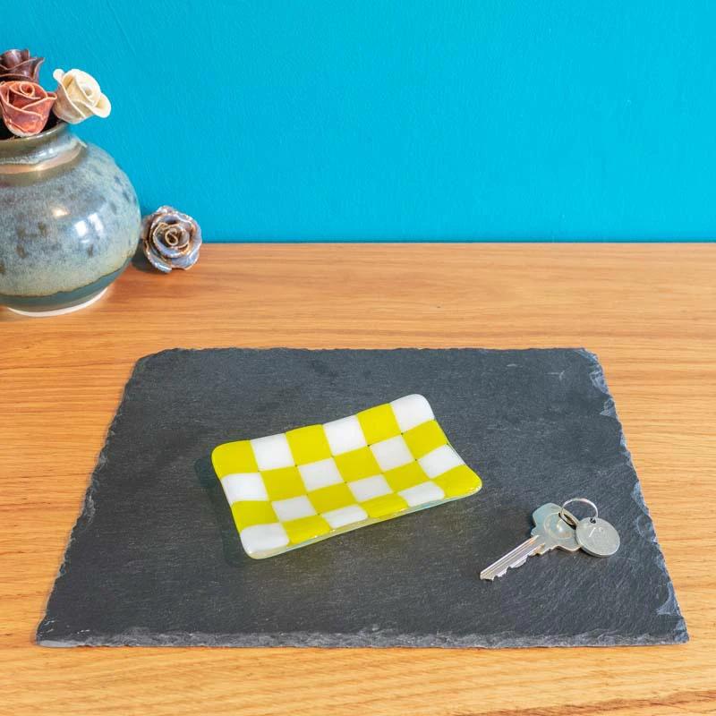 Handmade Glass Tray - Chequered Fused Glass Small Dish 12x7cm by David Perry Glass & Ceramics (12x7cm-chequered-white-colour-small-tray-bullseye-collection)