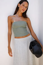 The Arabella Bias-Cut Maxi Skirt in striped olive green