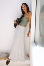 The Arabella Bias-Cut Maxi Skirt in striped olive green