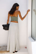 The Arabella Bias-Cut Maxi Skirt in striped olive green