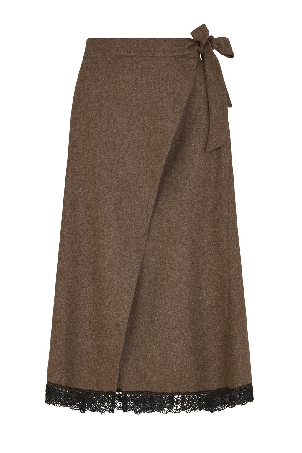The Zoe Wool Wrap Skirt with lace trim in mocha