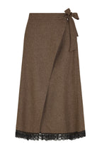 The Zoe Wool Wrap Skirt with lace trim in mocha