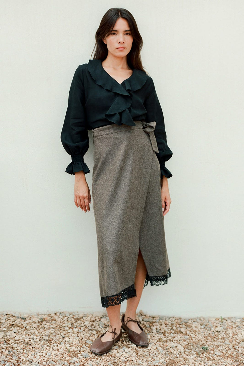 The Zoe Wool Wrap Skirt with lace trim in mocha