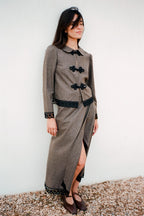 The Zoe Wool Wrap Skirt with lace trim in mocha
