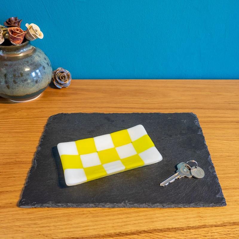 Handmade Glass Tray – Chequered Fused Glass Trinket Dish by David Perry Glass & Ceramics (15x8cm-chequered-white-colour-medium-tray-bullseye-collection)