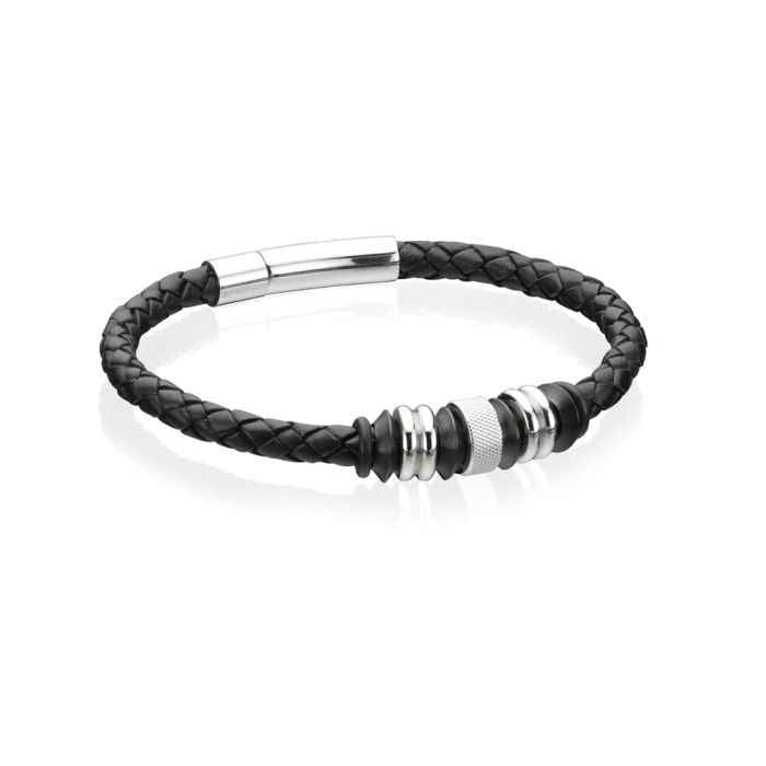 Fred Bennett Black Leather Bracelet with Black IP Beads