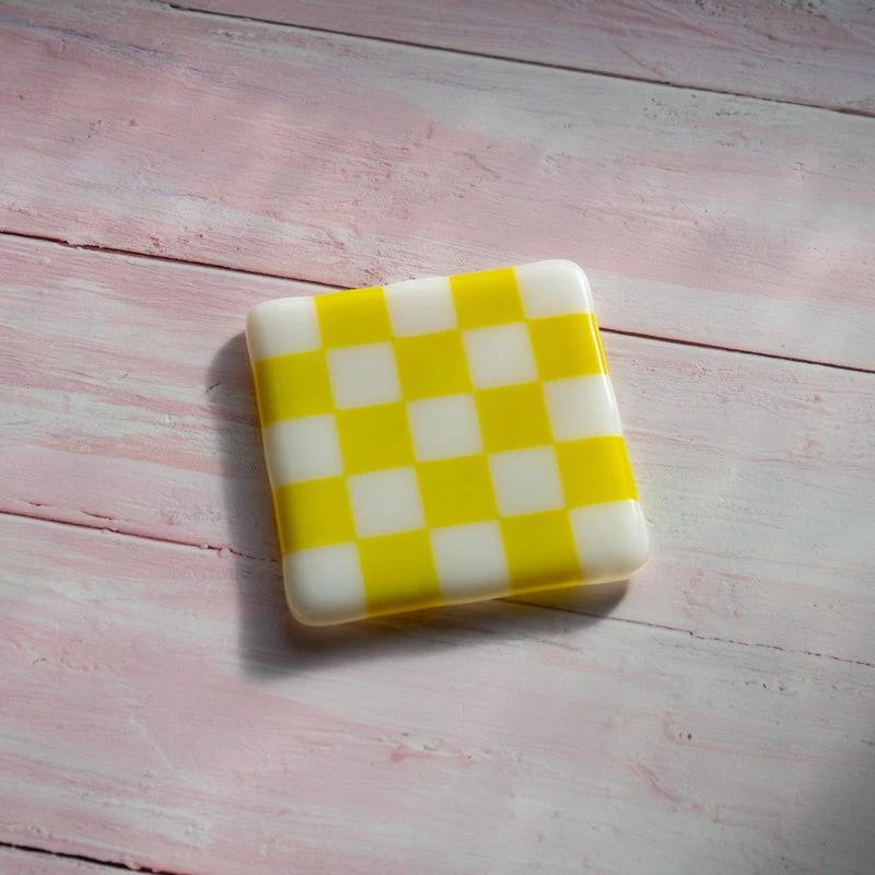 Fused Glass Coaster - Handmade Chequered Design in Cornwall by David Perry Glass & Ceramics (10cm-chequered-white-colour-coaster-bullseye-collection)