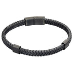 Fred Bennett Plaited Black Leather and Black IP Sections Bracelet