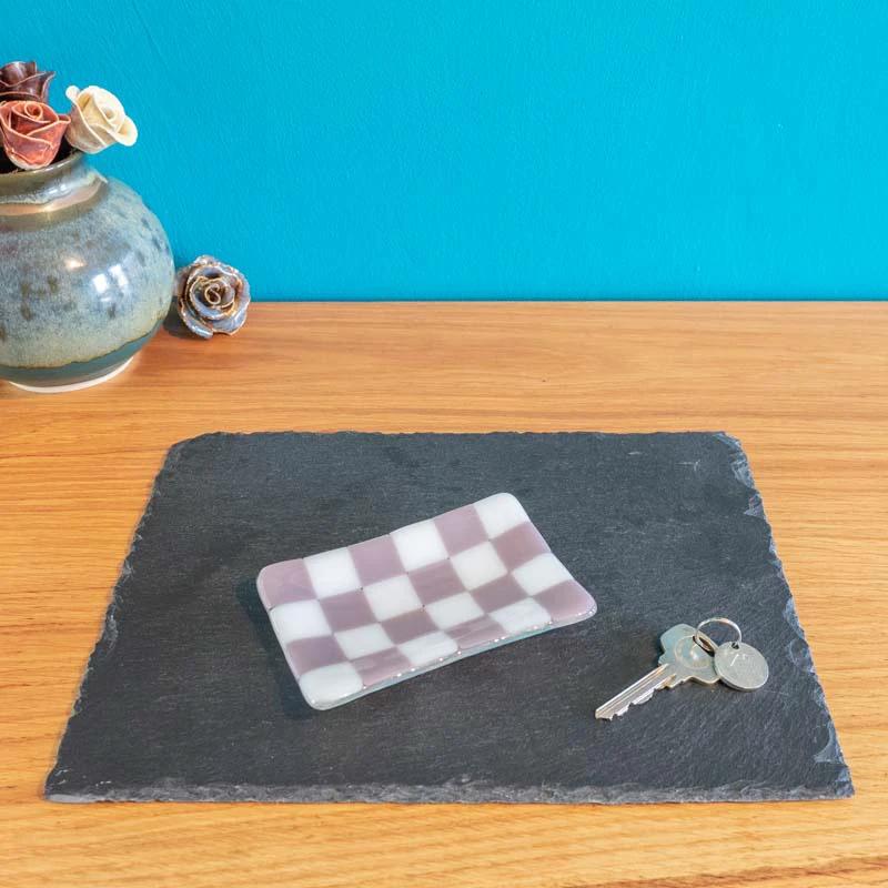 Handmade Glass Tray - Chequered Fused Glass Small Dish 12x7cm by David Perry Glass & Ceramics (12x7cm-chequered-white-colour-small-tray-bullseye-collection)