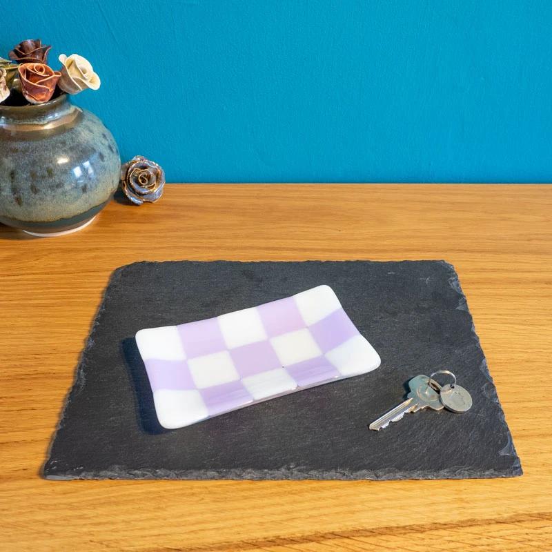 Handmade Glass Tray – Chequered Fused Glass Trinket Dish by David Perry Glass & Ceramics (15x8cm-chequered-white-colour-medium-tray-bullseye-collection)