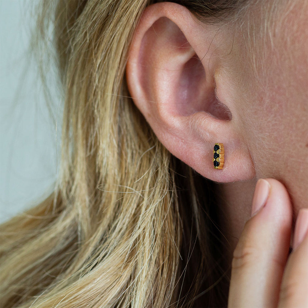 Black Cubic Zirconia Trio Gold Stud Earrings